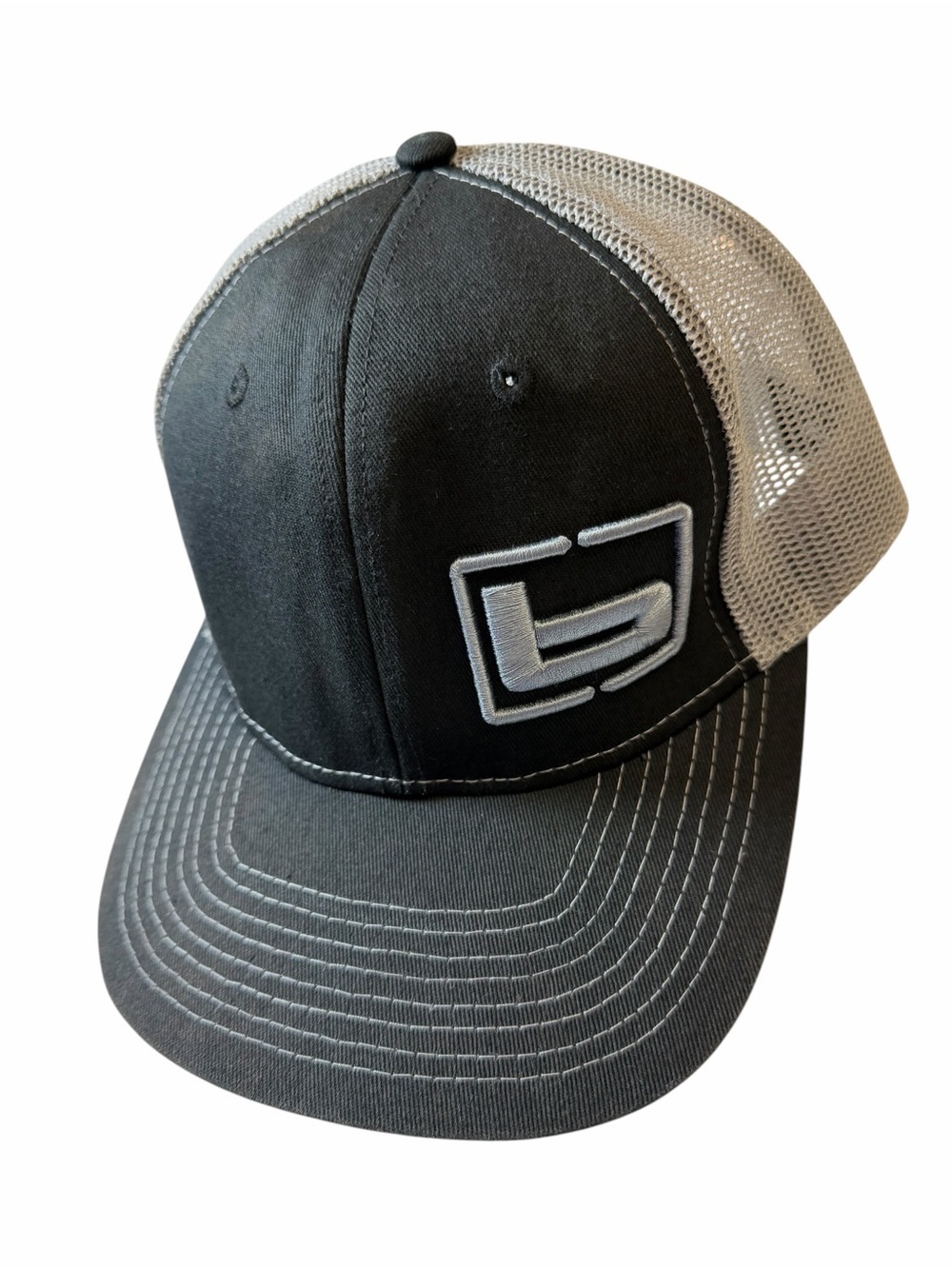 Banded Black & Gray Mesh Trucker Hat with Embroidered Logo